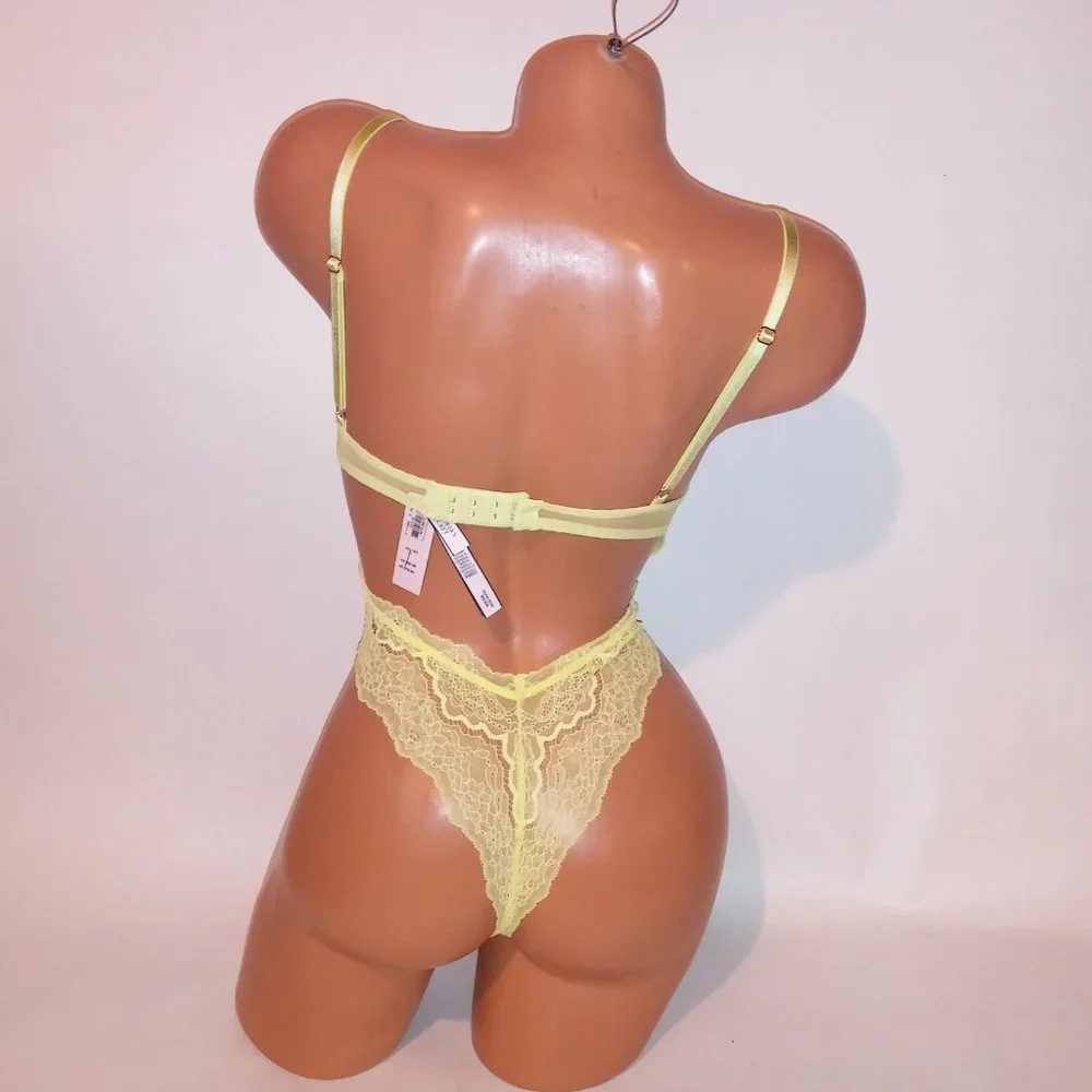 Victoria Secret Lingerie Teddy One Piece Bodysuit Yellow Wicked Lace Fairy Cotta - Picture 8 of 16